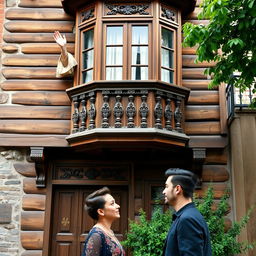 A woman waving from an old Ottoman wooden house with a notable bay window (cumba) design, featuring intricate carvings and authentic Ottoman architectural details