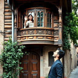 A woman waving from an old Ottoman wooden house with a notable bay window (cumba) design, featuring intricate carvings and authentic Ottoman architectural details