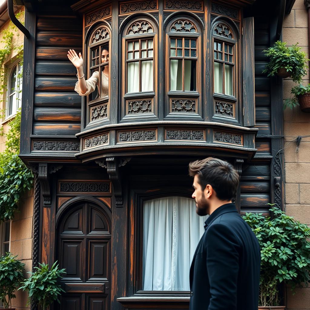 A woman waving from an old Ottoman wooden house with a notable bay window (cumba) design, featuring intricate carvings and authentic Ottoman architectural details