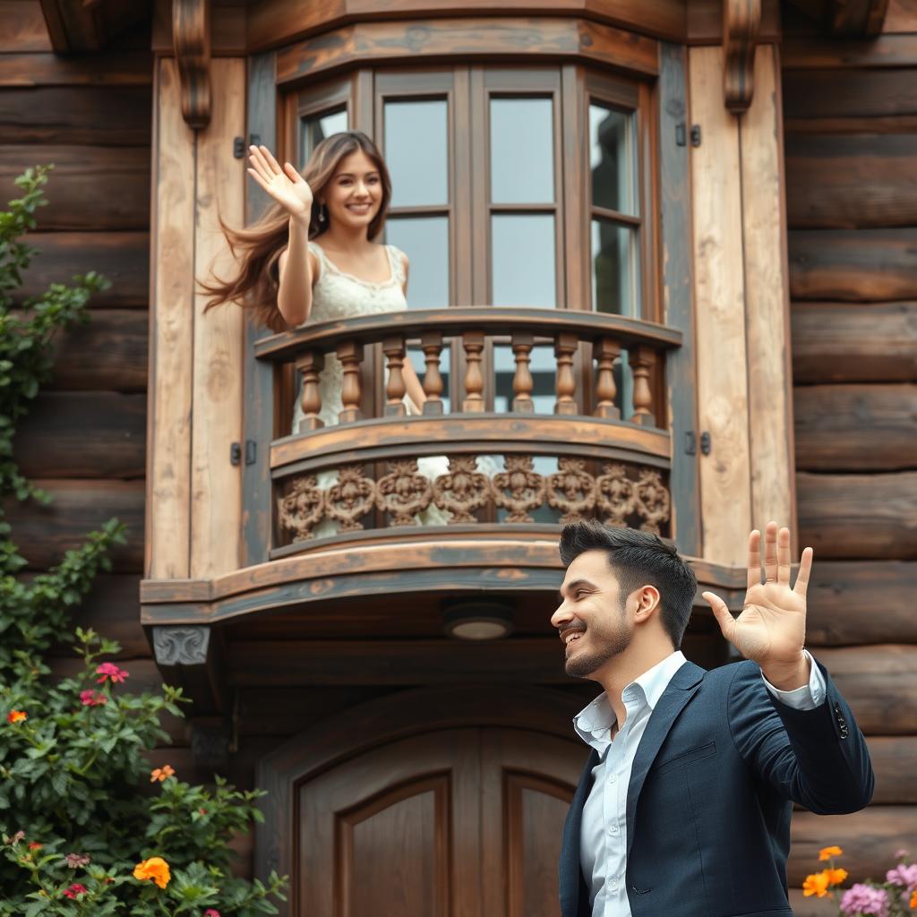 A stunningly beautiful woman waving from an old Ottoman wooden house featuring a distinct bay window (cumba), intricately designed with traditional Ottoman architectural details