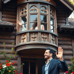 A stunningly beautiful woman waving from an old Ottoman wooden house featuring a distinct bay window (cumba), intricately designed with traditional Ottoman architectural details