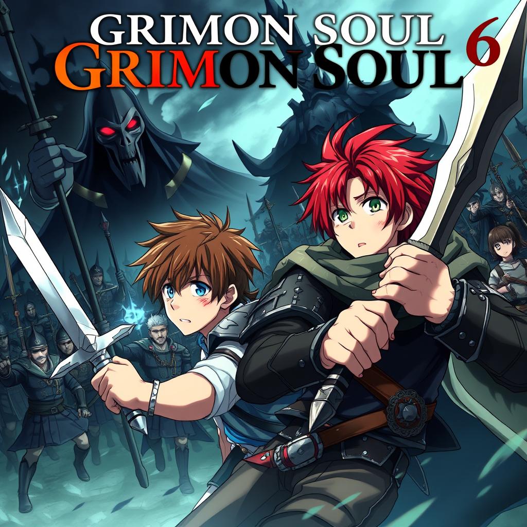 A dark fantasy anime cover titled "Grimon Soul 6", featuring two 19-year-old boys