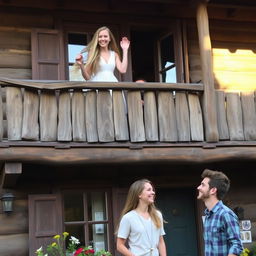 A beautiful woman with long flowing hair standing on a balcony of an old wooden building, smiling and waving down at a handsome man below