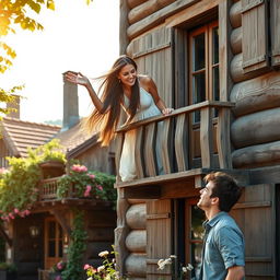 A beautiful woman with long flowing hair standing on a balcony of an old wooden building, smiling and waving down at a handsome man below