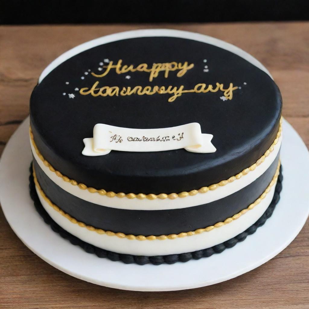 A manly bento cake designed for a boyfriend. The cake is decorated in a bold palette of black, white, and gold. 'Happy Anniversary & Happy Birthday Hon' is written around the edge in elegant cursive. The cake is elevated with a final touch of gold featured in piped dots or stars.