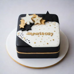 A manly bento cake designed for a boyfriend. The cake is decorated in a bold palette of black, white, and gold. 'Happy Anniversary & Happy Birthday Hon' is written around the edge in elegant cursive. The cake is elevated with a final touch of gold featured in piped dots or stars.