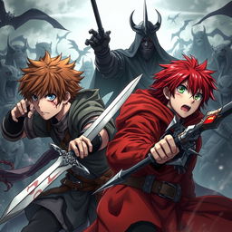 A dark fantasy anime cover titled "Grimon Soul 6", depicting two 19-year-old boys who appear angry and scared as they engage in battle