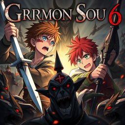 A dark fantasy anime cover titled "Grimon Soul 6", depicting two 19-year-old boys who appear angry and scared as they engage in battle