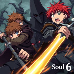 A dark fantasy anime cover titled "Grimon Soul 6", depicting two 19-year-old boys who appear angry and scared as they engage in battle