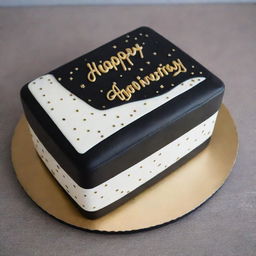 A manly bento cake designed for a boyfriend. The cake is decorated in a bold palette of black, white, and gold. 'Happy Anniversary & Happy Birthday Hon' is written around the edge in elegant cursive. The cake is elevated with a final touch of gold featured in piped dots or stars.