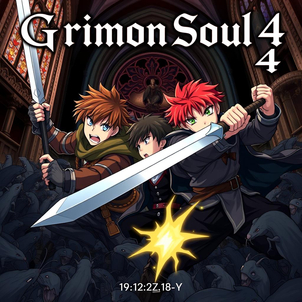 A dark fantasy anime cover titled "Grimon Soul 4", featuring two 19-year-old boys in a fierce battle