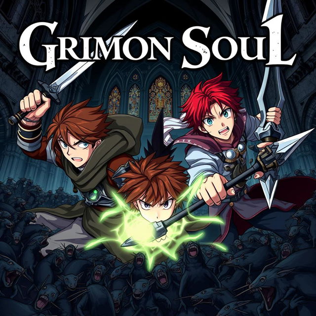 A dark fantasy anime cover titled "Grimon Soul 4", featuring two 19-year-old boys in a fierce battle