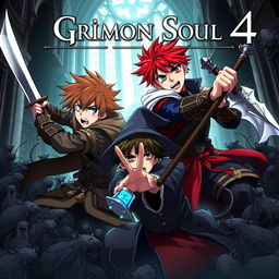 A dark fantasy anime cover titled "Grimon Soul 4", featuring two 19-year-old boys in a fierce battle