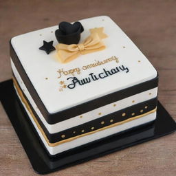 A manly bento cake designed for a boyfriend. The cake is decorated in a bold palette of black, white, and gold. 'Happy Anniversary & Happy Birthday Hon' is written around the edge in elegant cursive. The cake is elevated with a final touch of gold featured in piped dots or stars.