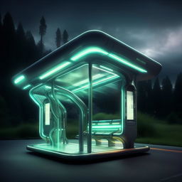 A captivating supernatural yet super beautiful futurist bus stop, rich in advanced technology and ethereal elements.