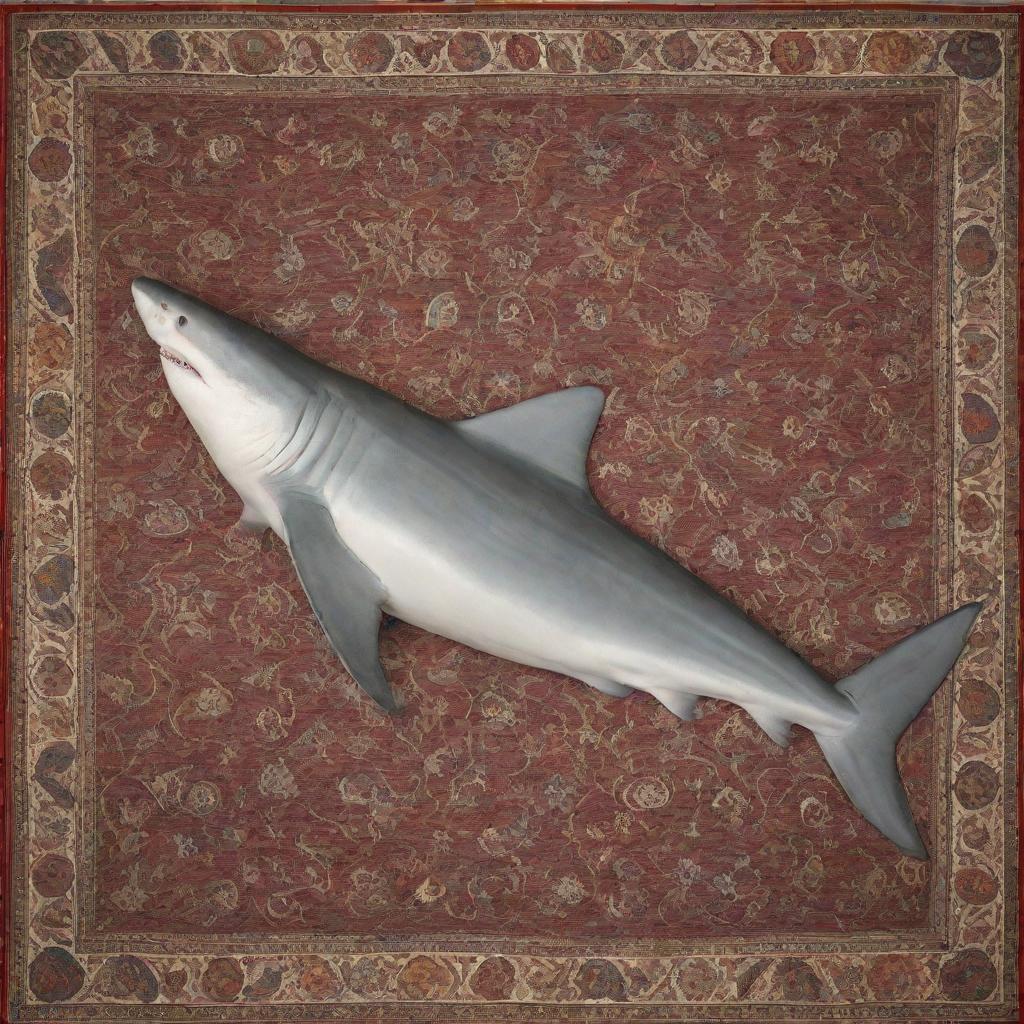 A peaceful scene of a shark sleeping, draped with a soft blanket. Atop its back, a richly patterned Persian carpet hangs elegantly.