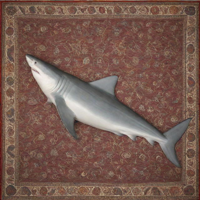 A peaceful scene of a shark sleeping, draped with a soft blanket. Atop its back, a richly patterned Persian carpet hangs elegantly.