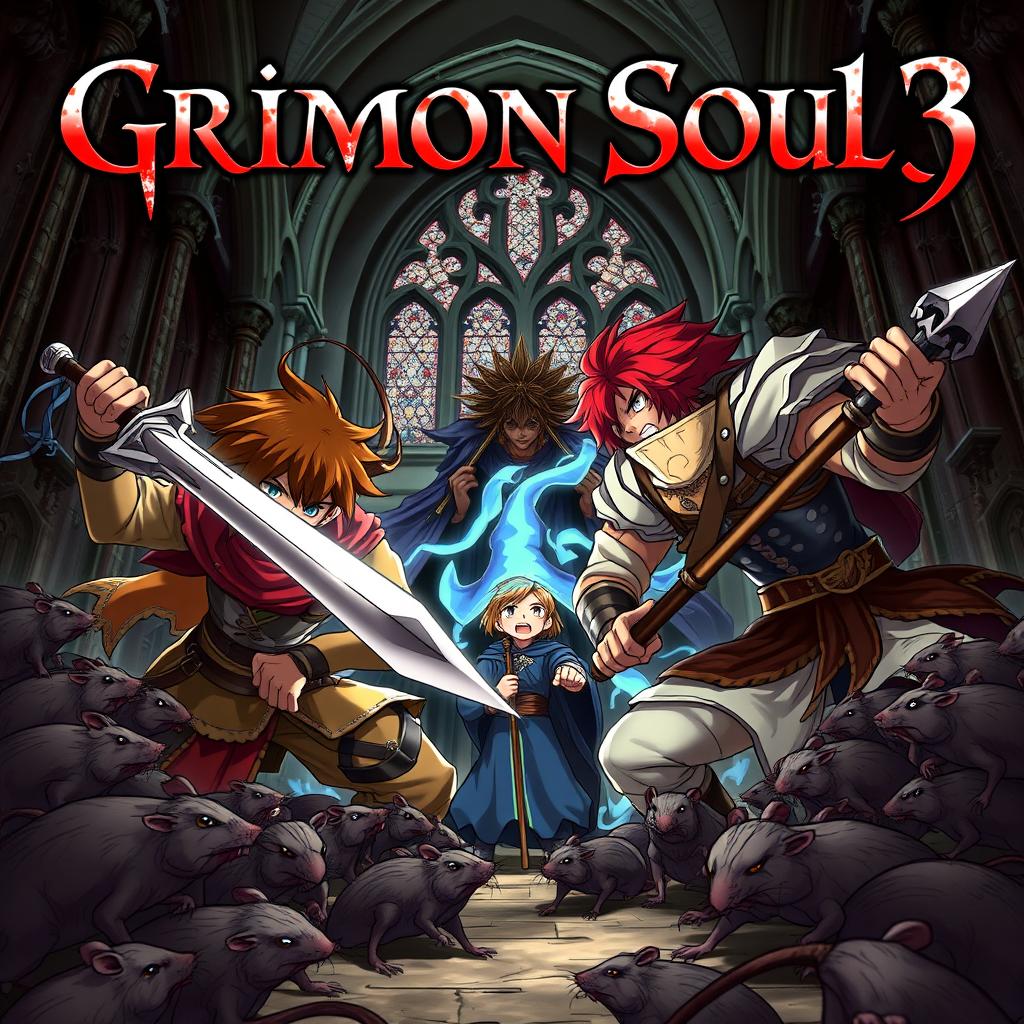 A dark fantasy anime cover titled "Grimon Soul 3", featuring two 19-year-old boys in a fierce battle