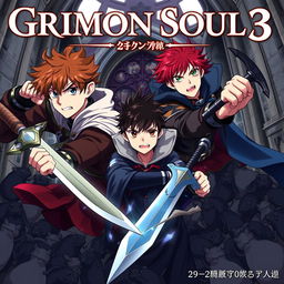 A dark fantasy anime cover titled "Grimon Soul 3", featuring two 19-year-old boys in a fierce battle