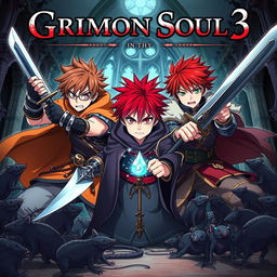 A dark fantasy anime cover titled "Grimon Soul 3", featuring two 19-year-old boys in a fierce battle