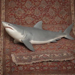 A peaceful scene of a shark sleeping, draped with a soft blanket. Atop its back, a richly patterned Persian carpet hangs elegantly.