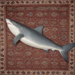 A peaceful scene of a shark sleeping, draped with a soft blanket. Atop its back, a richly patterned Persian carpet hangs elegantly.