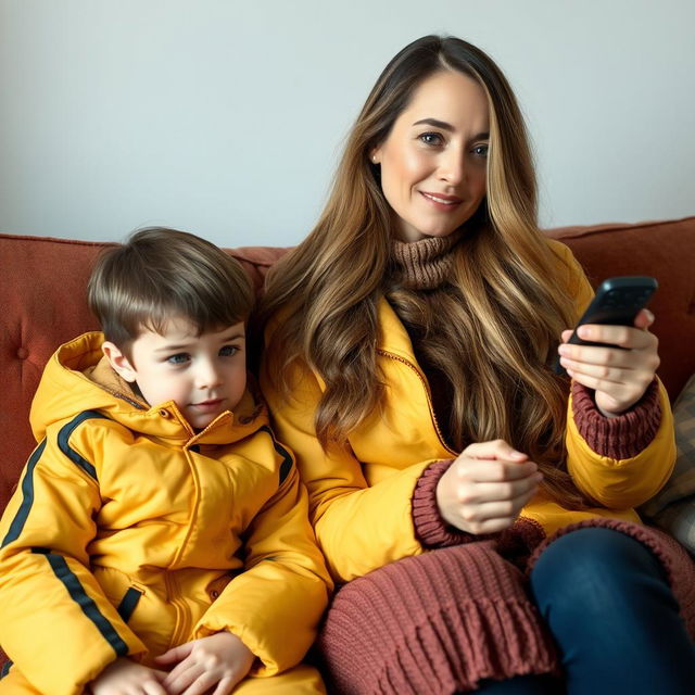 A beautiful mother with long, very soft and flowing hair sits on a cozy sofa