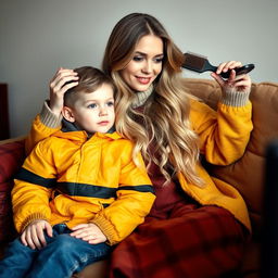 A beautiful mother with long, very soft and flowing hair sits on a cozy sofa