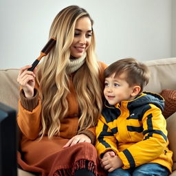 A beautiful mother with long, very soft and flowing hair sits on a cozy sofa