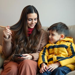 A beautiful mother with long, very soft and flowing hair sits on a cozy sofa