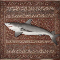 A peaceful scene of a shark sleeping, draped with a soft blanket. Atop its back, a richly patterned Persian carpet hangs elegantly.