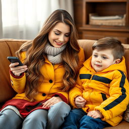 A beautiful mother with long, very soft and flowing hair sits on a cozy sofa