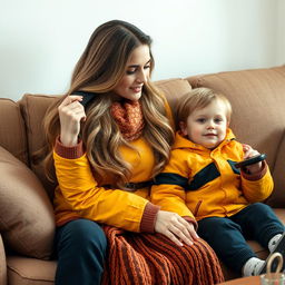 A beautiful mother with long, very soft and flowing hair sits on a cozy sofa