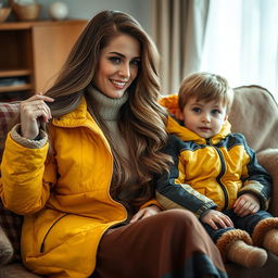 A beautiful mother with long, very soft and flowing hair sits on a cozy sofa