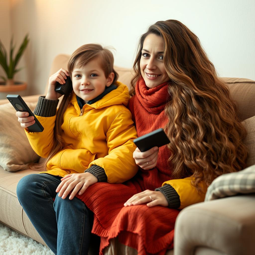 A mother with very long, soft, and flowing hair, wearing traditional winter clothing in warm colors, sits comfortably on a couch