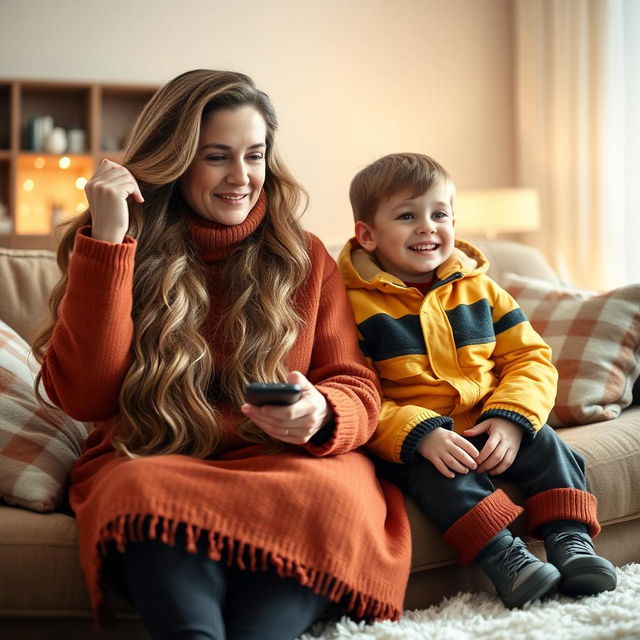 A mother with very long, soft, and flowing hair, wearing traditional winter clothing in warm colors, sits comfortably on a couch