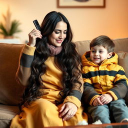 A mother with very long, soft, and flowing hair, wearing traditional winter clothing in warm colors, sits comfortably on a couch