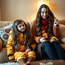 A mother with very long, soft, and flowing hair, wearing traditional winter clothing in warm colors, sits comfortably on a couch