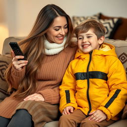 A mother with very long, soft, and flowing hair, wearing traditional winter clothing in warm colors, sits comfortably on a couch