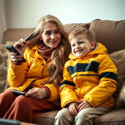 A mother with very long, soft, and flowing hair, wearing traditional winter clothing in warm colors, sits comfortably on a couch