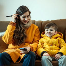 A mother with very long, soft, and flowing hair, wearing traditional winter clothing in warm colors, sits comfortably on a couch