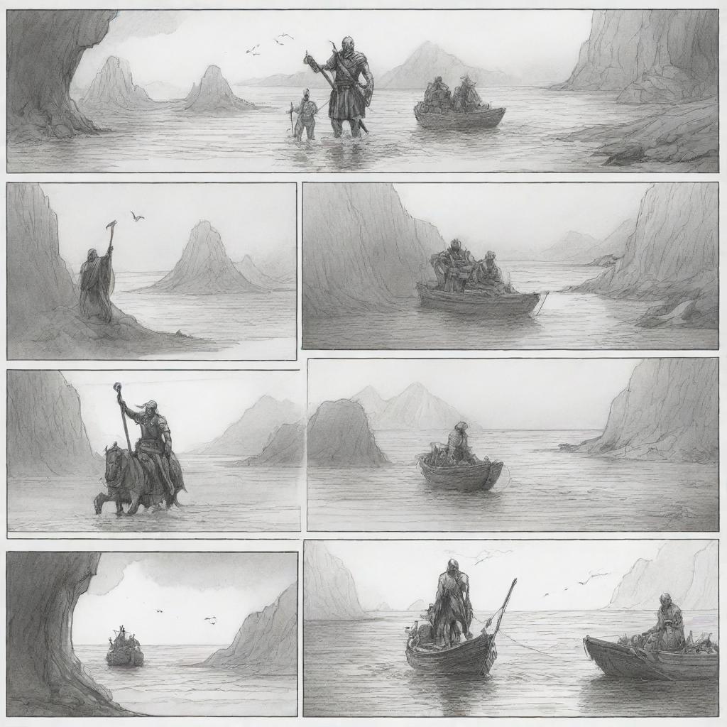 Illustrate a storyboard that sequentially represents a thrilling adventure story with a courageous hero, a formidable villain, a magical artifact and an exotic location.