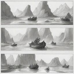 Illustrate a storyboard that sequentially represents a thrilling adventure story with a courageous hero, a formidable villain, a magical artifact and an exotic location.