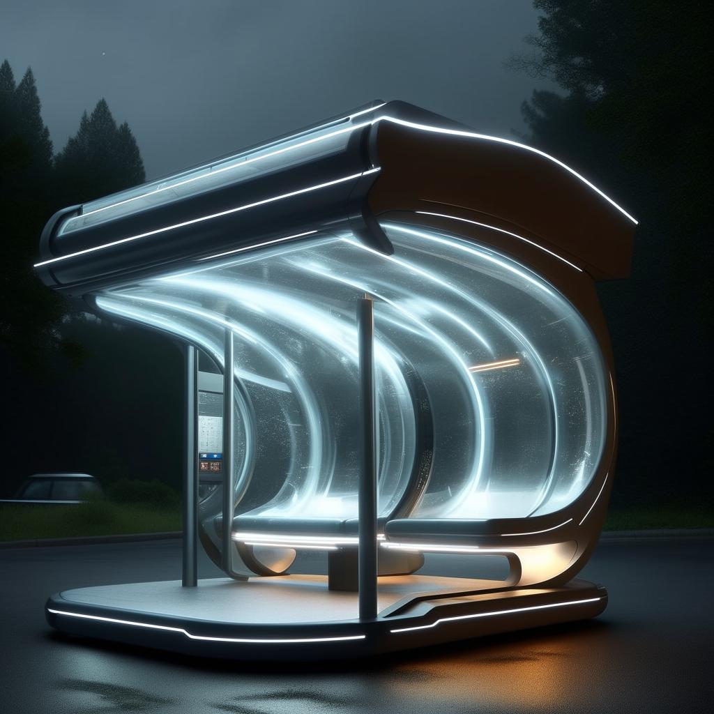 A captivating supernatural yet super beautiful futurist bus stop, rich in advanced technology and ethereal elements.