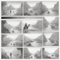 Illustrate a storyboard that sequentially represents a thrilling adventure story with a courageous hero, a formidable villain, a magical artifact and an exotic location.