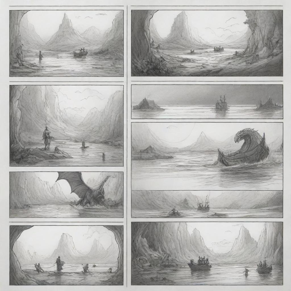 Illustrate a storyboard that sequentially represents a thrilling adventure story with a courageous hero, a formidable villain, a magical artifact and an exotic location.