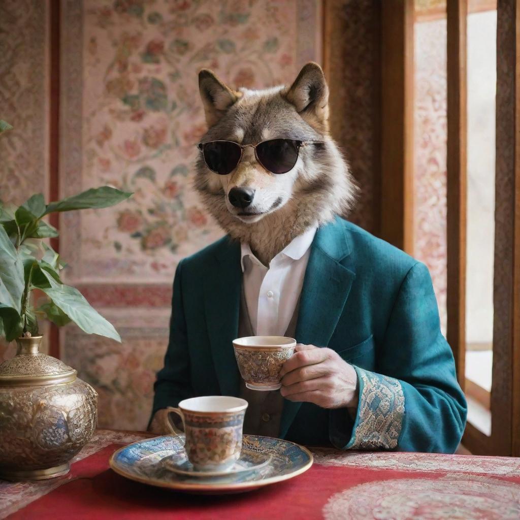 A cool, sophisticated wolf wearing stylish smoked sunglasses, savoring a cup of traditional Iranian tea in a beautifully decorated Persian teahouse.