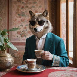 A cool, sophisticated wolf wearing stylish smoked sunglasses, savoring a cup of traditional Iranian tea in a beautifully decorated Persian teahouse.