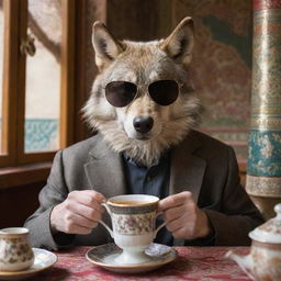 A cool, sophisticated wolf wearing stylish smoked sunglasses, savoring a cup of traditional Iranian tea in a beautifully decorated Persian teahouse.