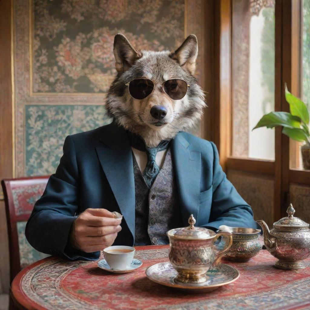 A cool, sophisticated wolf wearing stylish smoked sunglasses, savoring a cup of traditional Iranian tea in a beautifully decorated Persian teahouse.